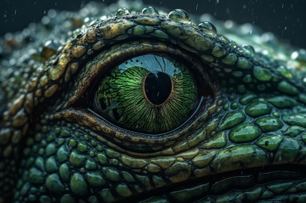 Im Regen ist das Auge einer Smaragdeidechse abgebildet.