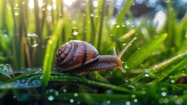 Im Regen ist eine Schnecke auf einem Gras zu sehen.