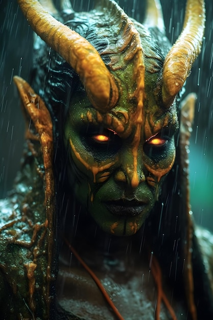 Im Regen steht das Porträt eines Dämons mit Hörnern und gelben Augen.