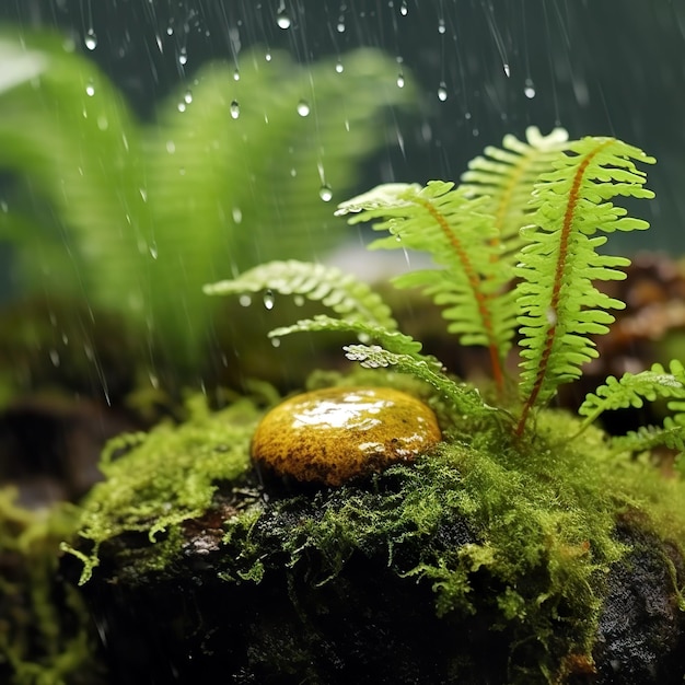 Im Regen taucht ein kleiner Baum aus dem Moos auf