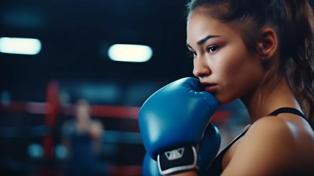 Im Ring schlägt eine junge Boxerin mit blauen Handschuhen auf eine Birne ein. Die generative KI