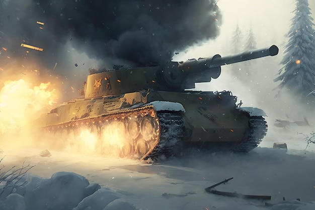 Im Schnee brennt ein Panzer, aus dem Rauch aufsteigt.