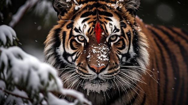 Im Schnee ist ein Tiger zu sehen.