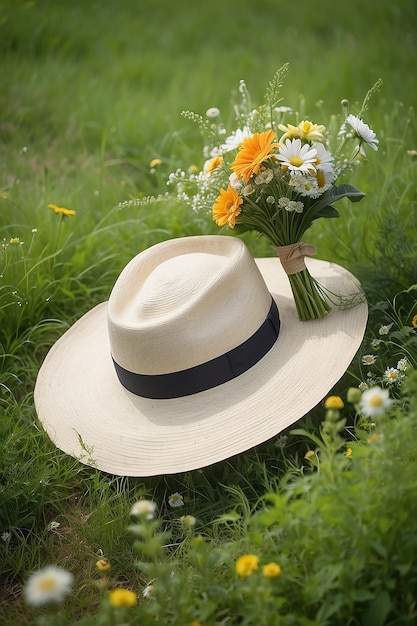 Im Sommer liegen ein Hut und ein Blumenstrauß auf einem grünen Wiesenrasen