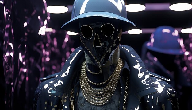 Foto im stil von daft punk, der in einem ultraviolett beleuchteten dystopischen juwelierladen steht und extrem gut gekleidet ist.