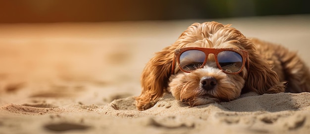 Im Stil von Miki Asai liegt ein Hund mit Sonnenbrille im Sand