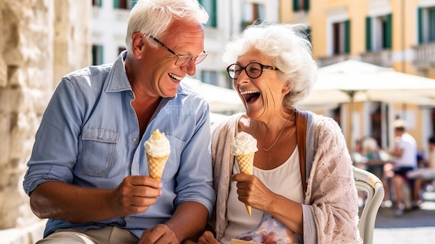 Im Urlaub isst ein älteres Paar Eis