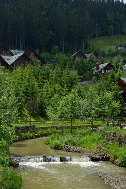 Im Vordergrund fließt ein Fluss mit schlammigem Wasser und einem kleinen Wasserfall. Dahinter sieht man die Hotelhäuser in der Nähe des Berges hinter grünen Bäumen