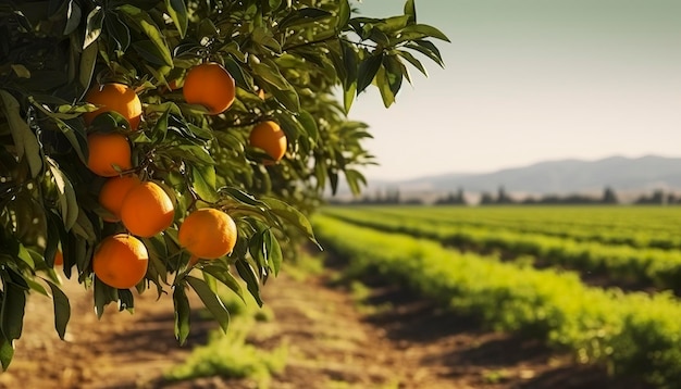 Im Vordergrund steht ein Orangenbaum mit einem landwirtschaftlichen Feldhintergrund
