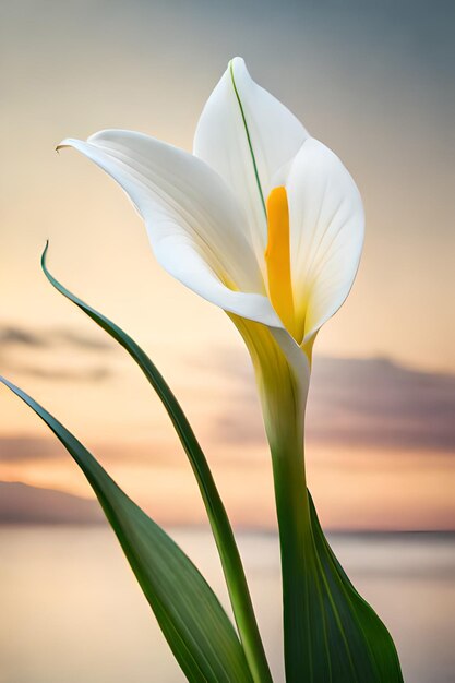 Im Vordergrund steht eine weiße Blume mit einer gelben und einer grünen Mitte.