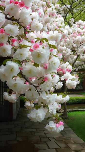 Im Vorgarten steht ein Baum mit weißen und rosa Blüten. Generative KI