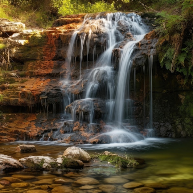 Im Wald befindet sich ein Wasserfall mit dem Wort Wasserfall darauf.