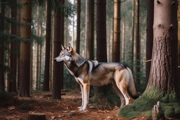 Im Wald gibt es einen grauen Wolf