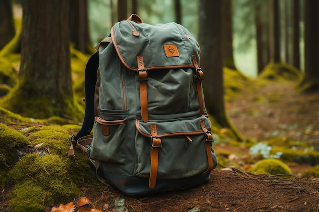 Im Wald lehnt ein Rucksack an einem Baum und fängt Wanderstimmung ein