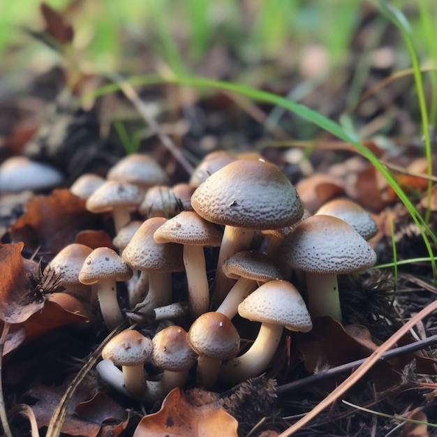 Im Wald wächst eine Gruppe von Pilzen.