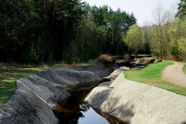 Im Wald wurde ein künstlicher Ruderkanal angelegt. Grünfläche und künstlicher Gebirgsfluss.