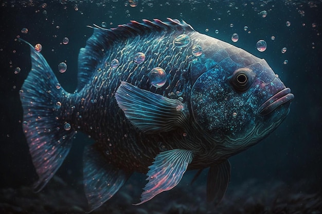 Im Wasser ist ein Fisch mit blauem Körper und rotem Kopf.
