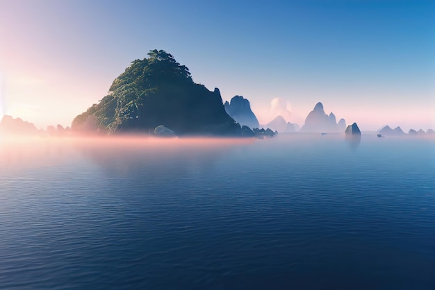 Im Wasser ist eine Bergkette mit blauem Himmel im Hintergrund zu sehen.