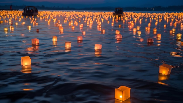 Im Wasser leuchten viele Laternen.