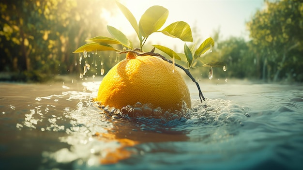 Im Wasser liegt eine Orange, an der ein Zweig befestigt ist.