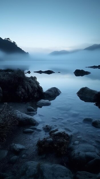 Im Wasser spiegelt sich ein blauer Himmel und das Wasser ist neblig.