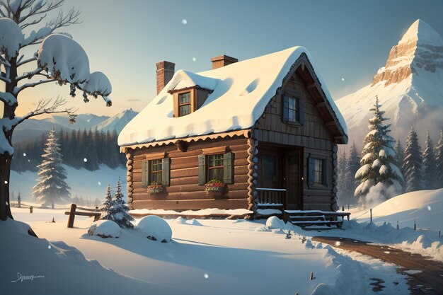 Im Winter ist das Dach des Holzhauses am Fuße der schneebedeckten Berge mit dickem Schnee bedeckt