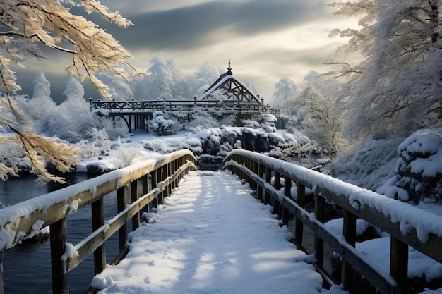 Im Winter spannt sich eine Holzbrücke über eine verschneite Landschaft