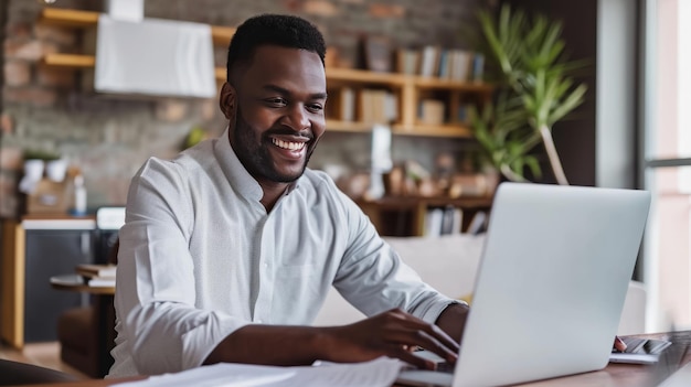 Im Wohnzimmer beschäftigt erwachsener Geschäftsmann benutzt zu Hause Laptop Afroamerikaner Freiberufler arbeitet an Computerpapieren und Dokumenten neben ihm