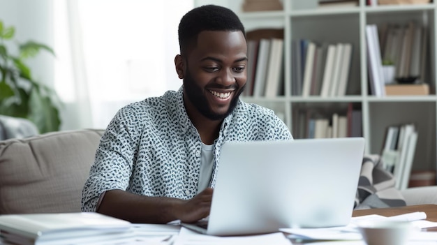 Im Wohnzimmer beschäftigt erwachsener Geschäftsmann benutzt zu Hause Laptop Afroamerikaner Freiberufler arbeitet an Computerpapieren und Dokumenten neben ihm
