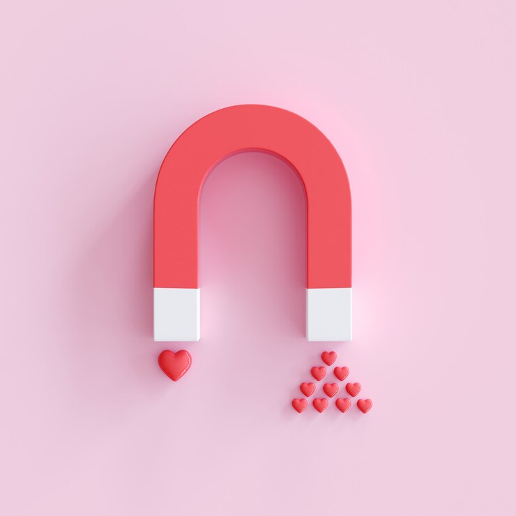 Ímã com forma de coração, conceito mínimo de Valentine Idea. Renderização 3D