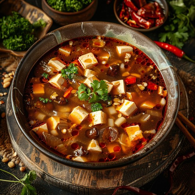 Foto image of chinese food that sichuan hot and sour soup tofu and good apply for book menu (imagem de comida chinesa que sichuan quente e azedo sopa de tofu e bom se aplicam para o menu do livro)