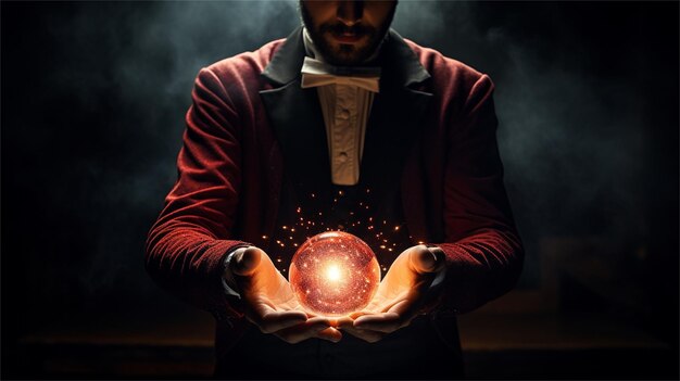 Foto image of young man in suit against dark background holding money in palms