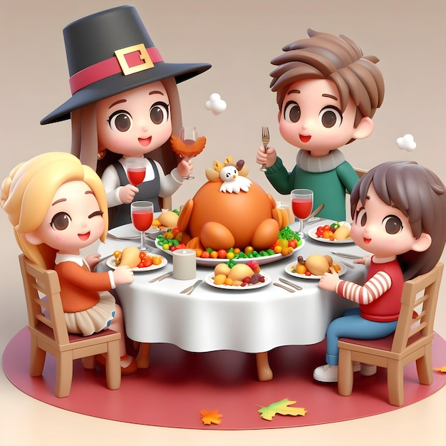 Imagem 3D da família jantando de Ação de Graças