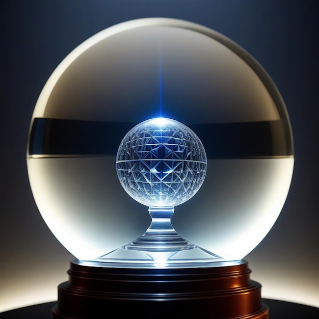 Foto imagem 3d de bola de cristal gravada a laser em 3d com iluminação brilhante