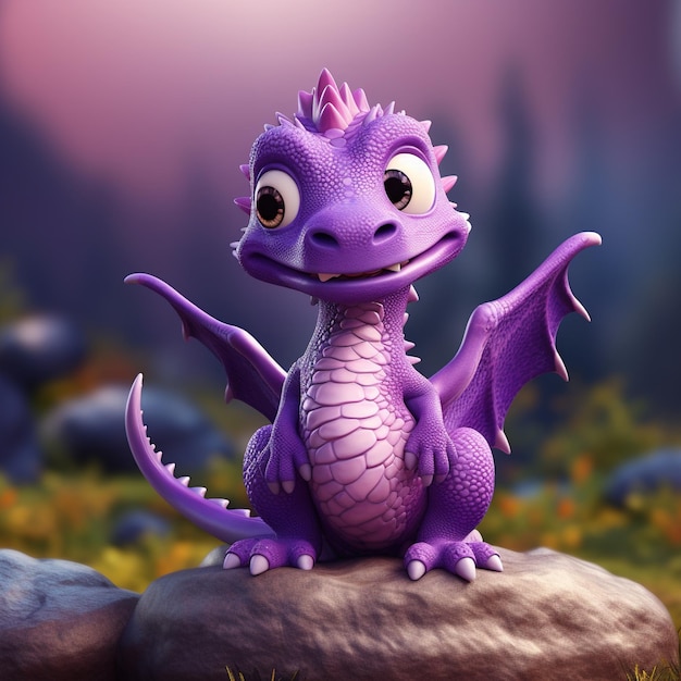 Imagem 3d de dragão de desenho animado de personagens roxos