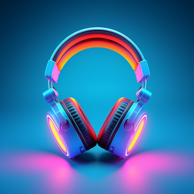 Imagem 3D de fones de ouvido em cores de néon isolados em fundo azul