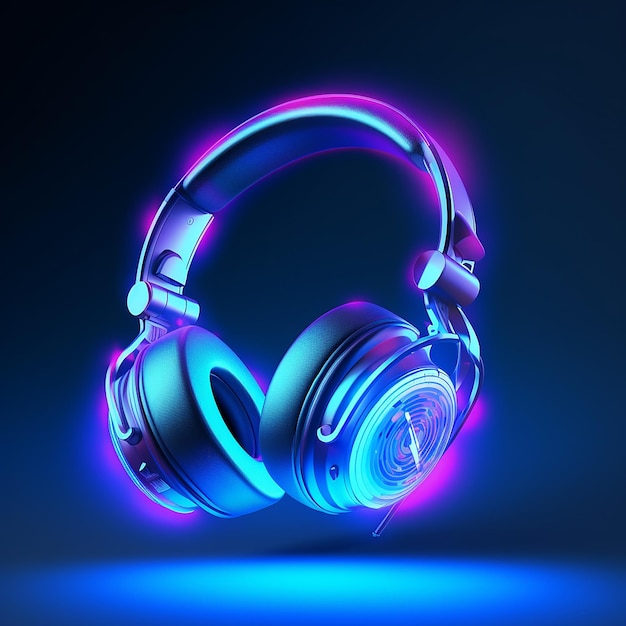 Imagem 3D de fones de ouvido em cores de néon isolados em fundo azul