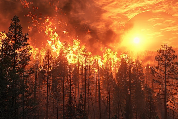 Imagem 3D de incêndios florestais generalizados que causam poluição e aquecimento global