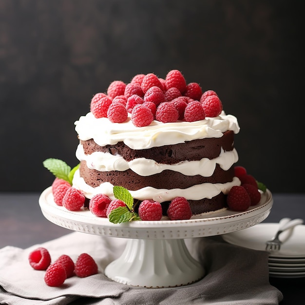 Imagem 3D de um delicioso bolo decorado com frutas, bagas e nozes no fundo abstrato