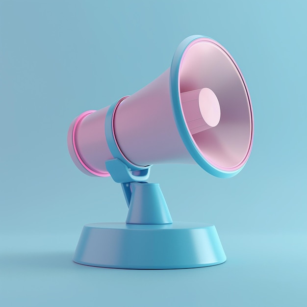 Imagem 3D de um megafone cor-de-rosa isolado em um fundo azul claro