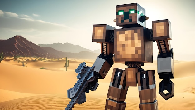 Imagem 3D de um robô assustador de Minecraft no deserto ilustração de arte digital jogo de cubo voxel