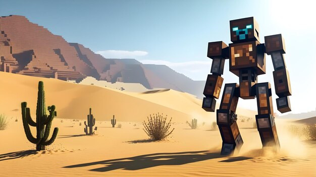 Imagem 3D de um robô assustador de Minecraft no deserto ilustração de arte digital jogo de cubo voxel