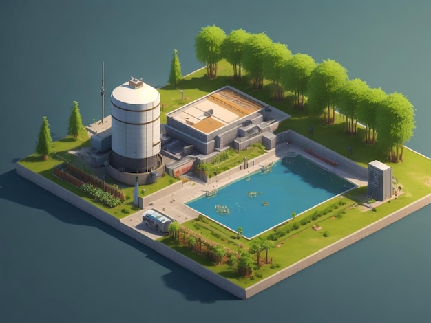 Imagem 3D de uma casa azul moderna com uma piscina em uma floresta Visão de câmera voadora de edifícios isométricos