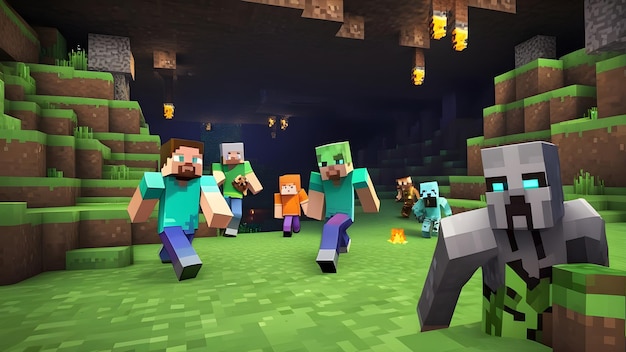 Imagem 3D de uma caverna de Minecraft com criaturas mortos-vivos Copie o jogo de voxel de cubo espacial na caverna Minecraft