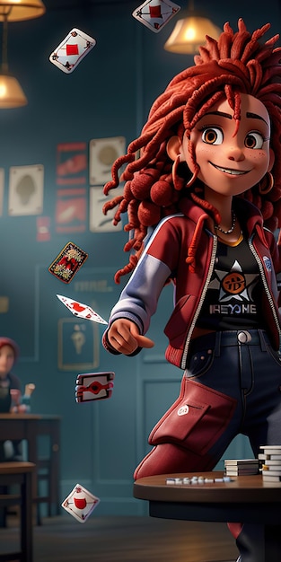 Foto imagem 3d de uma jovem ruiva usando roupas de streetwear com dreadlocks jogando cartas