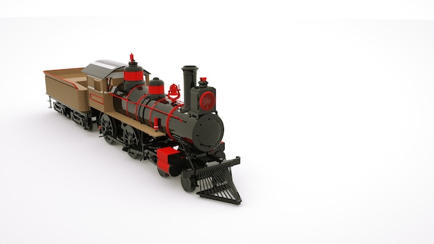 Imagem 3D de uma locomotiva ferroviária. Carruagem do trem ferroviário, elemento de design em um fundo branco.