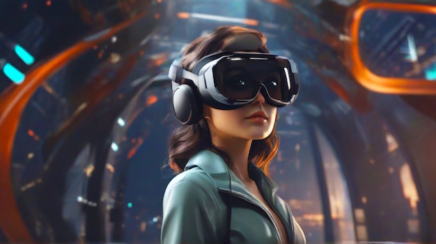 Imagem 3D de uma mulher usando óculos de realidade virtual aumentada no metaverso