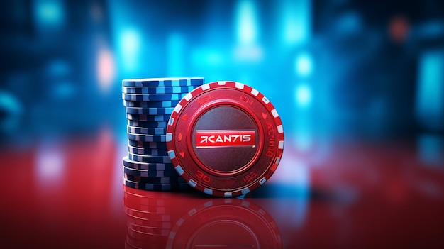 Imagem 3D do token vermelho do cassino contra um fundo azul