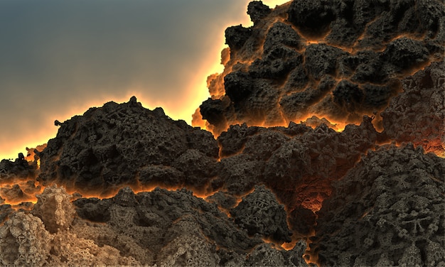 Imagem 3d fantástica de um vulcão antes de uma erupção com fogo saindo pelas falhas da montanha