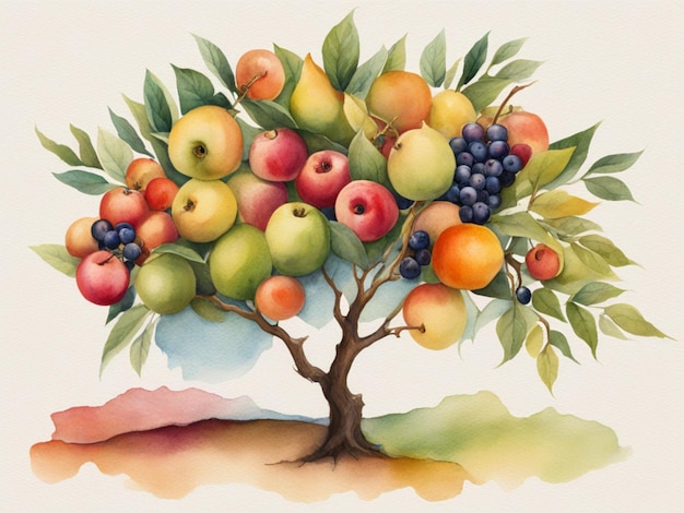 Imagem a aquarela de uma árvore com vários frutos para a celebração de tu bishvat